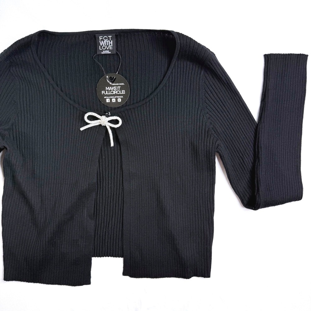 FCT WITH LOVE Black Ribbed Cropped Cardigan Rhinestone Bow J7M0894S XL NWT